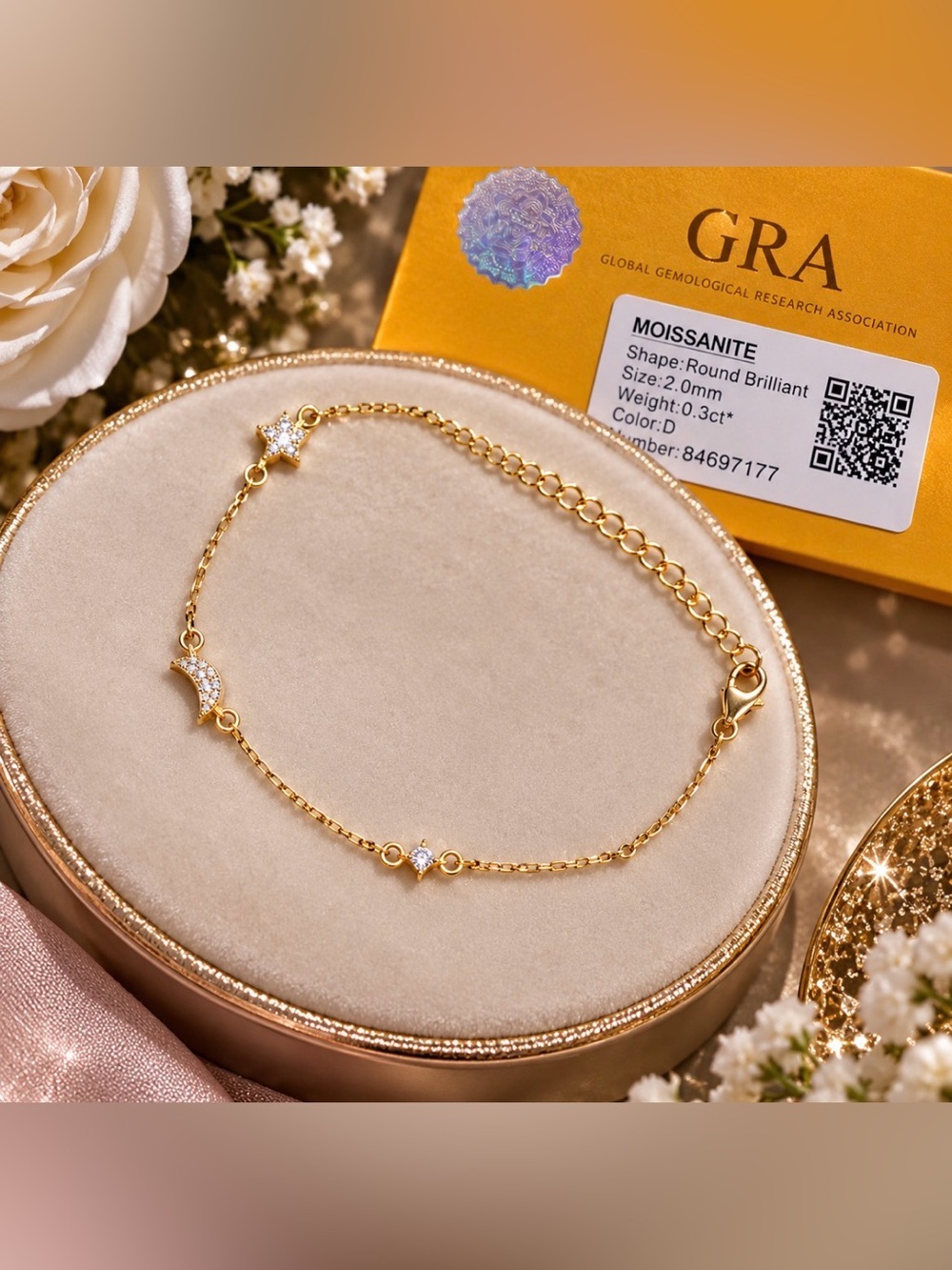 Moissanite Round Brilliant Star & Moon Bracelet 🌟 🌙